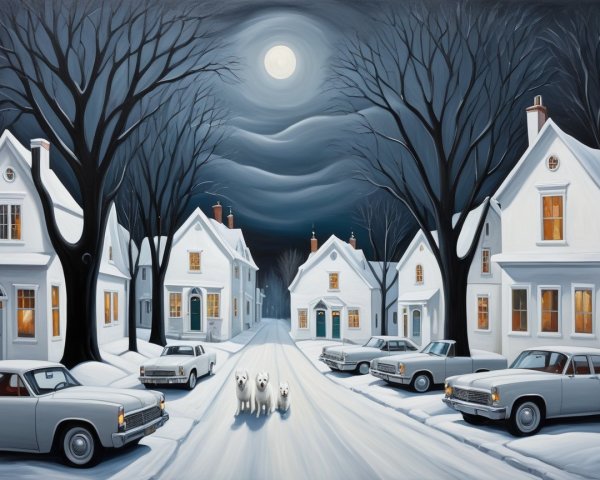 Winter Night Scene with Snowy Street and Dogs
