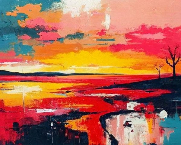 Vibrant Sunset Painting with Bold Colors and Reflections