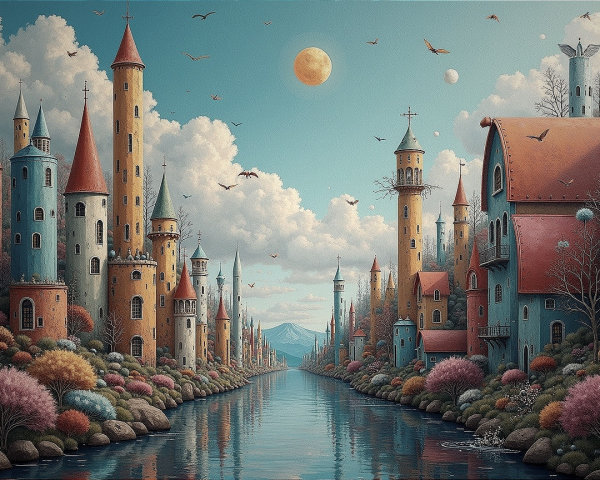 Whimsical Landscape with Castles and Serene River