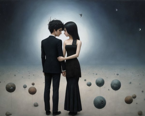 Surreal Couple in Celestial Landscape with Orbs