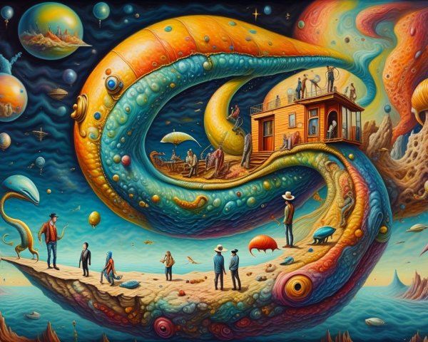 Surreal Landscape with Tentacle Structure and Whimsical House