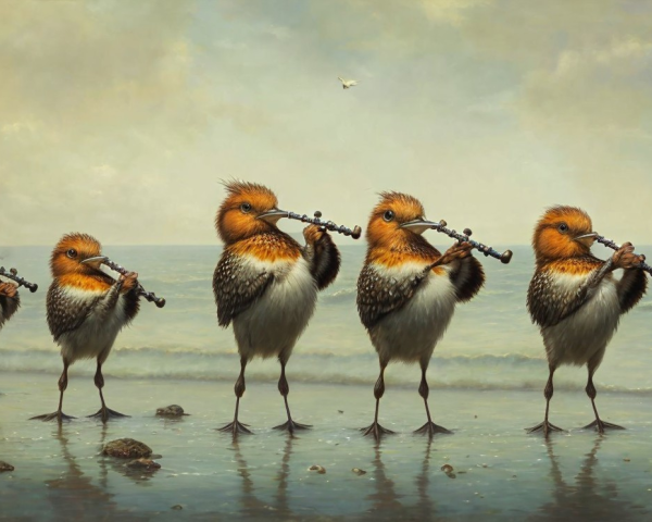 Five Shorebirds Playing Flutes on a Shoreline