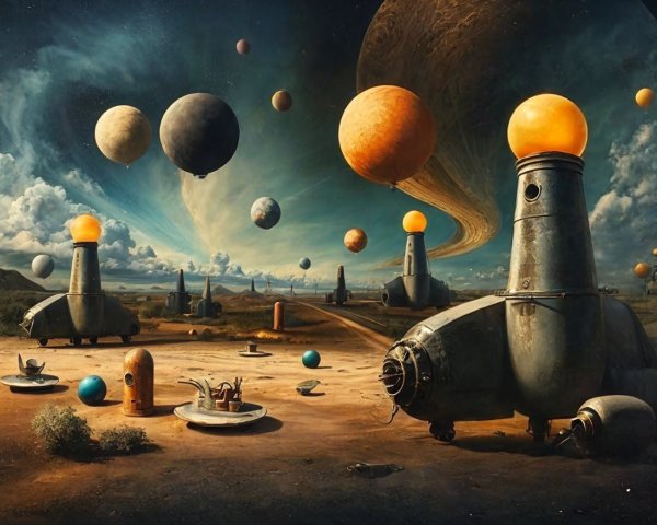 Surreal Landscape with Futuristic Rocket-Like Structures