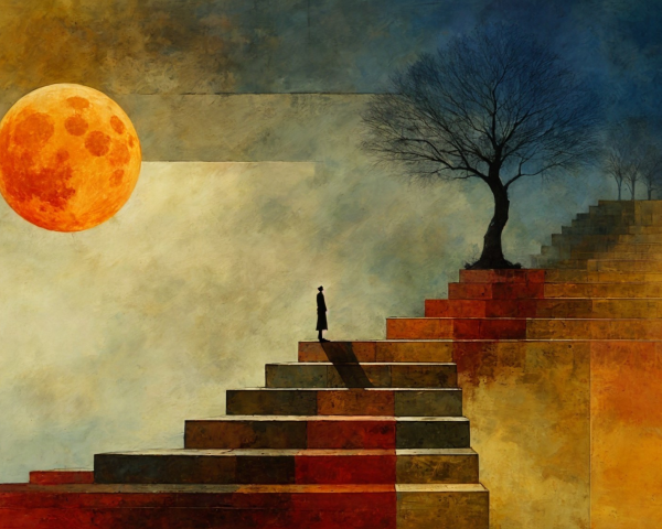 Solitary Figure on Colorful Steps Under Orange Moon