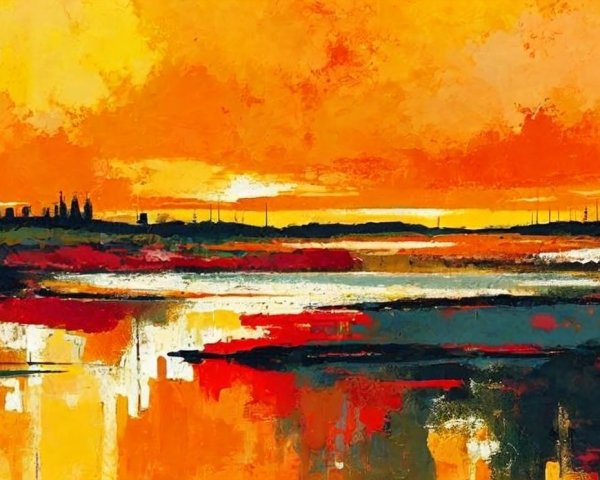 Vibrant Sunset Scene with Cityscape Silhouettes