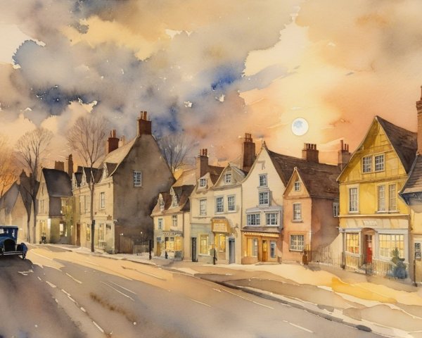 Watercolor Scene of Historic Street with Vintage Car