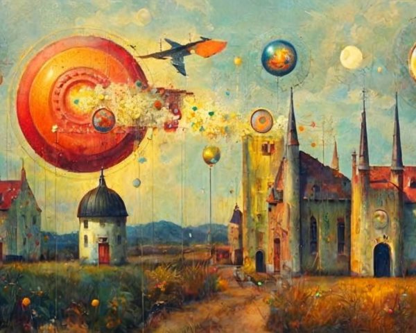 Surreal Landscape with Whimsical Buildings and Sky