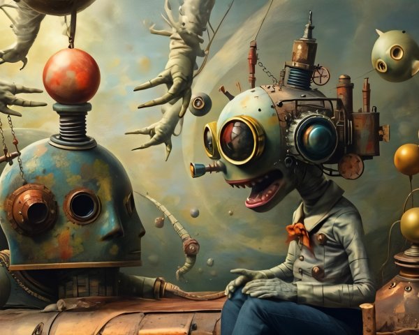 Surreal Scene with Mechanical Character and Robot Figure