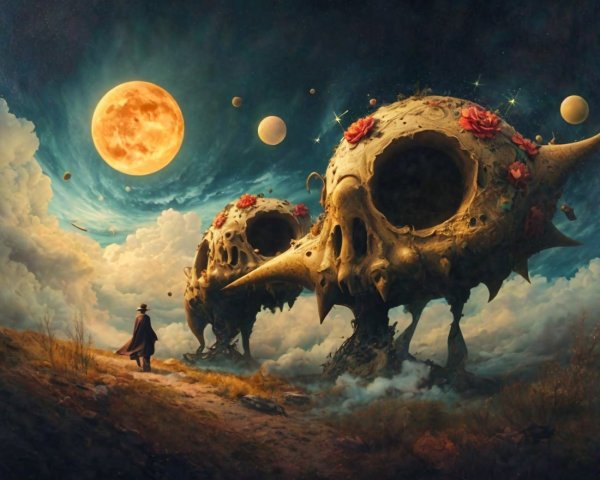 Surreal Landscape with Skull Structures and Moonlight