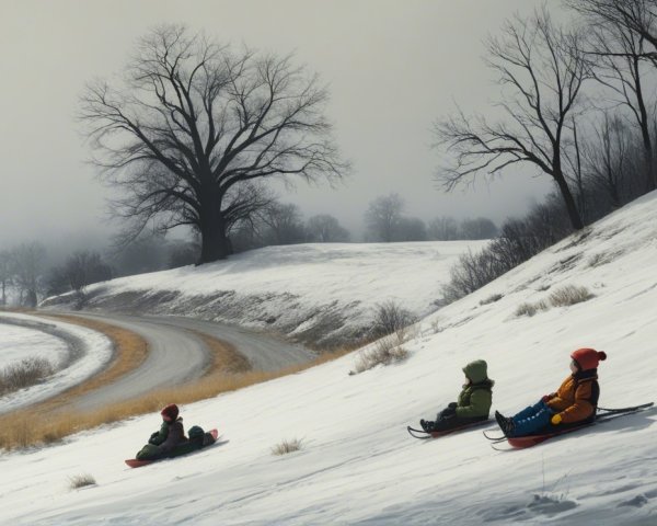 Children on sleds in a snowy winter landscape
