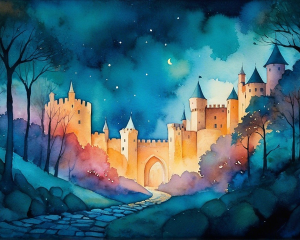 Watercolor Castle Scene Under Starlit Sky
