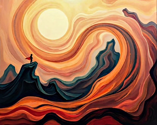 Lone Figure on Jagged Mountain at Dramatic Sunset
