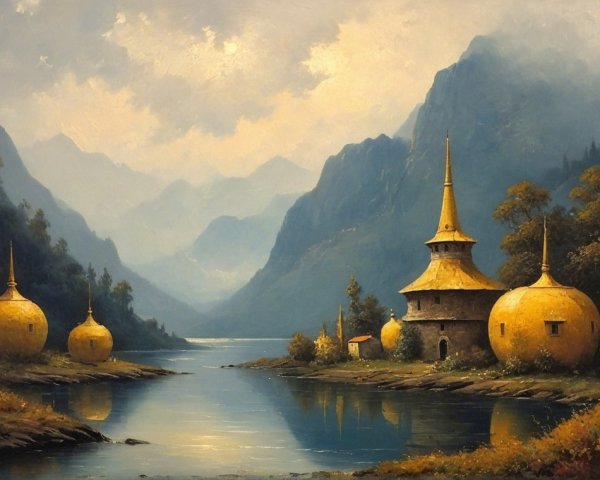 Serene landscape with a winding river and whimsical structures