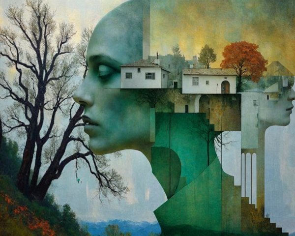 Surreal Landscape with Integrated Green Faces and Nature