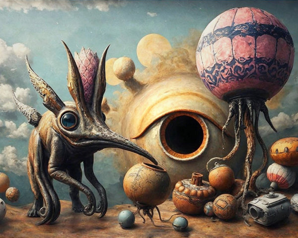 Surreal Artwork with Whimsical Creature and Fantasy Elements