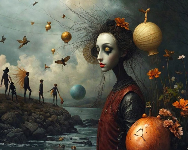 Surreal Landscape with Doll-like Figure and Orbs