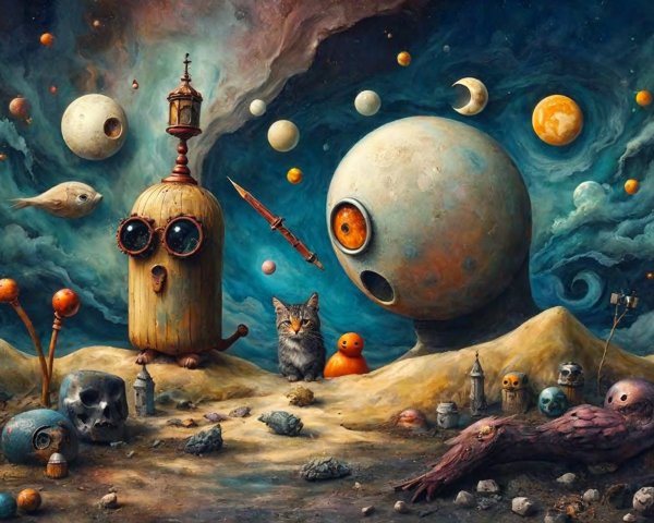 Surreal Landscape with Quirky Anthropomorphic Figures