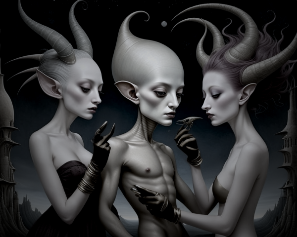 Otherworldly Figures in Cosmic Surrealism Scene