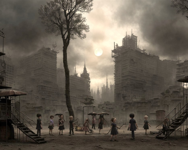 Children in a Post-Apocalyptic Landscape of Ruins