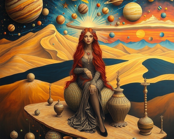 Cosmic Scene with Woman in Surreal Desert Landscape