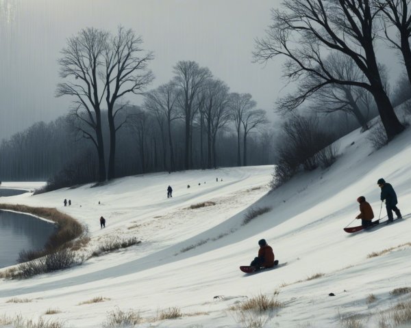 Winter Landscape with Sledding and Calm River