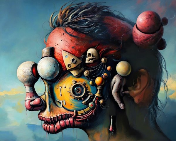 Surreal Mechanical Skull with Vibrant Colors and Details