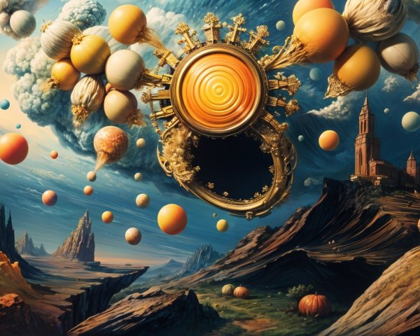 Surreal Landscape with Floating Planets and Vibrant Colors