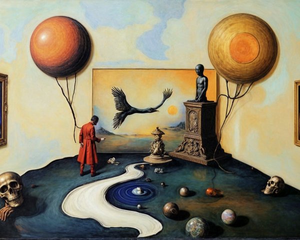 Surreal Landscape with Figure and Oversized Planets