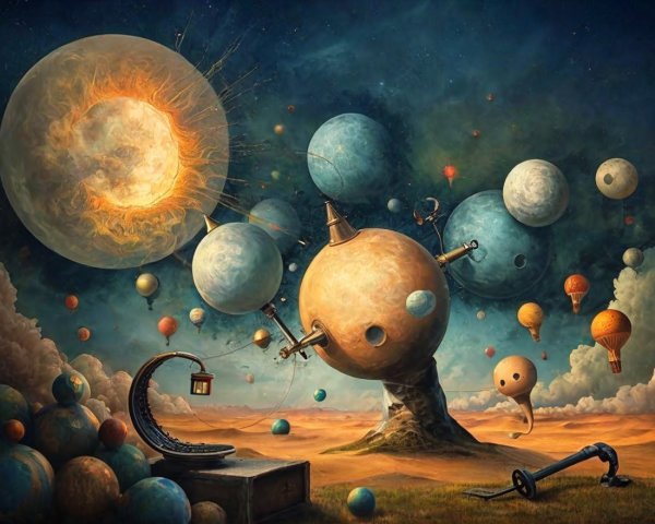 Surreal Landscape with Celestial Body and Planets