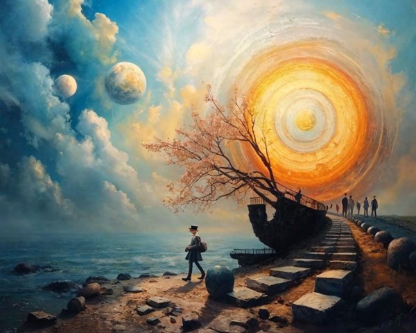 Fantastical Landscape with Celestial Elements and Pathway