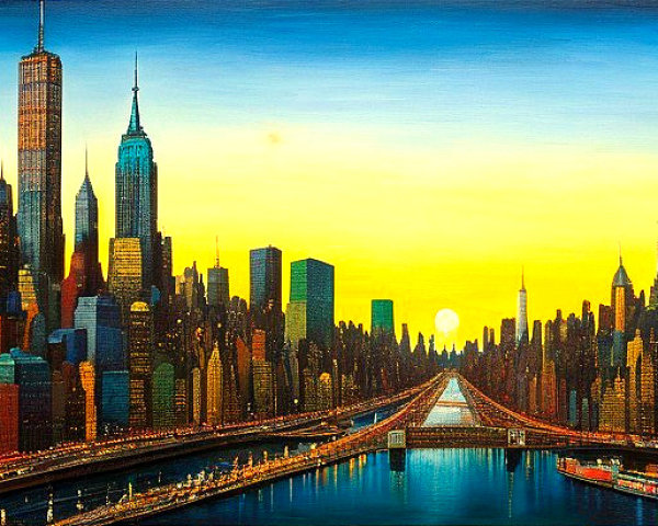 Vibrant City Skyline at Sunset with Reflections