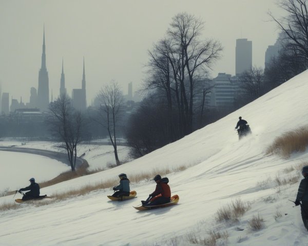 Winter Sledding Scene with Skyscrapers and Mist