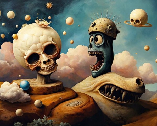 Surreal Landscape with Blue Creature and Celestial Orbs