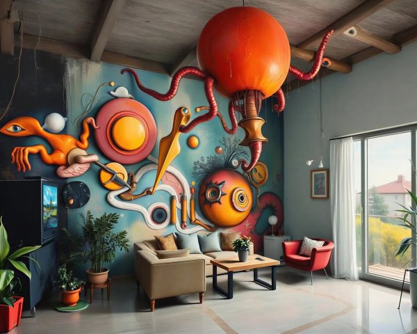 Vibrant Living Room with Surreal Mural and Stylish Decor