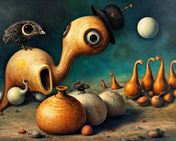 Surreal Scene with Whimsical Figures and Objects