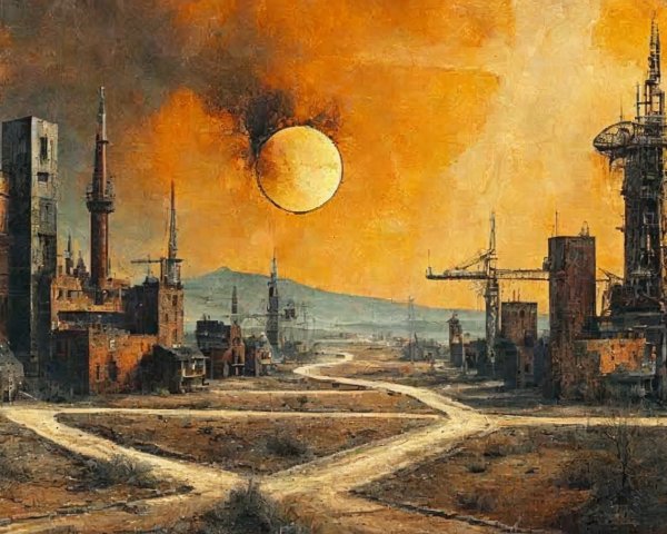 Desolate Landscape with Decaying Structures and Cranes