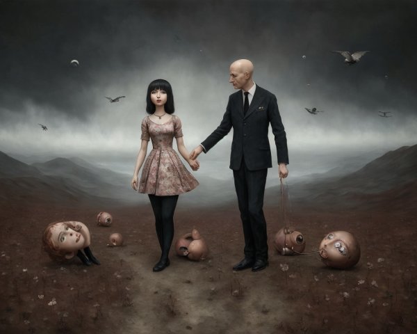 Surreal Landscape with Vintage Dressed Girl and Man