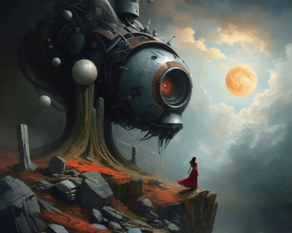 Woman in Red Dress Amid Futuristic Tree Landscape