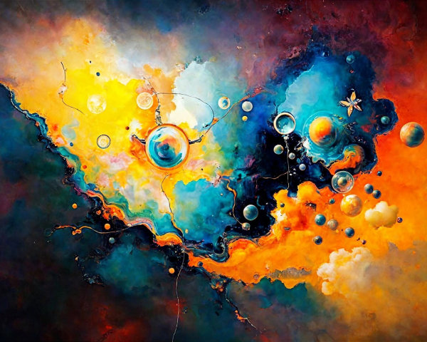 Colorful Abstract Nebula Painting with Spheres and Patterns