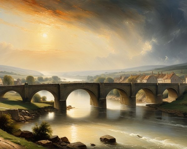 Serene Landscape with Stone Bridge and Sunset Reflection