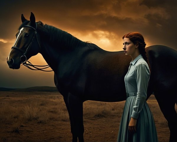 Young Woman and Black Horse in Barren Landscape