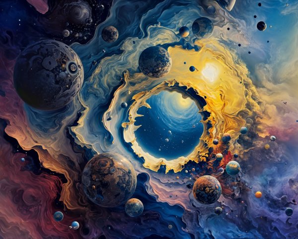 Vibrant Cosmic Scene with Swirling Vortex and Planets