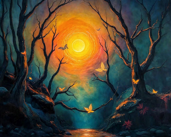 Surreal Forest Landscape with Golden Light and Butterflies