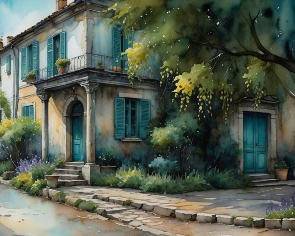 Watercolor Scene of a Charming House and Garden