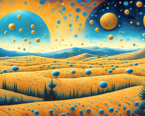 Whimsical Landscape with Vibrant Colors and Celestial Bodies