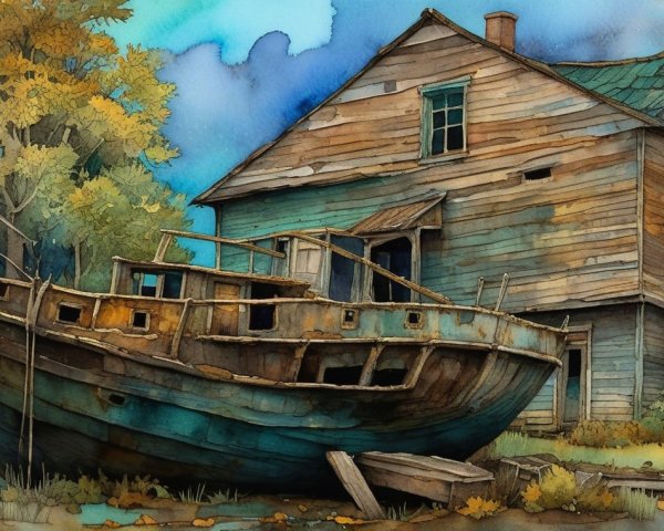 Abandoned Ship and House Surrounded by Autumn Foliage