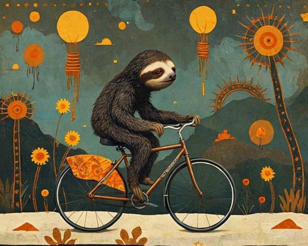 Whimsical Sloth on Bicycle in Colorful Landscape Illustration