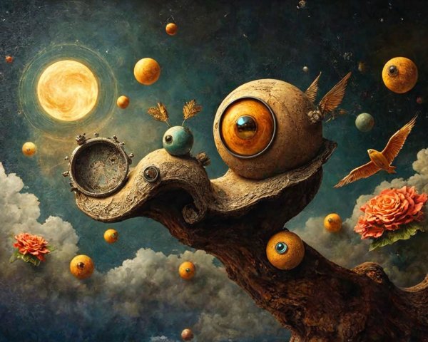 Surreal Landscape with Whimsical Snail and Planets