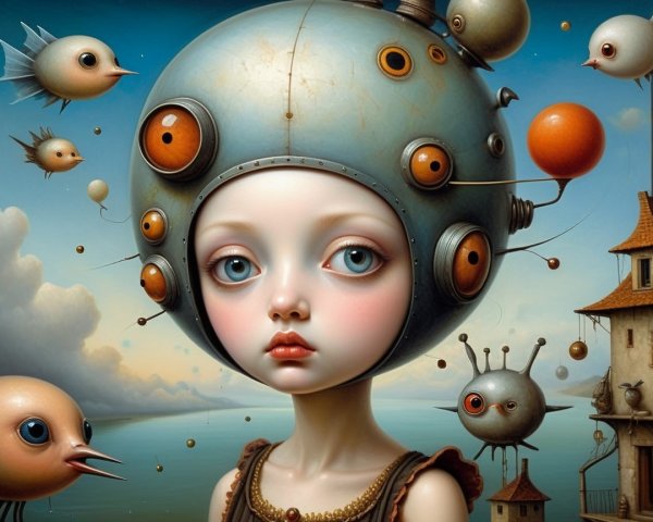 Girl with Metallic Sphere Head in Dreamy Landscape