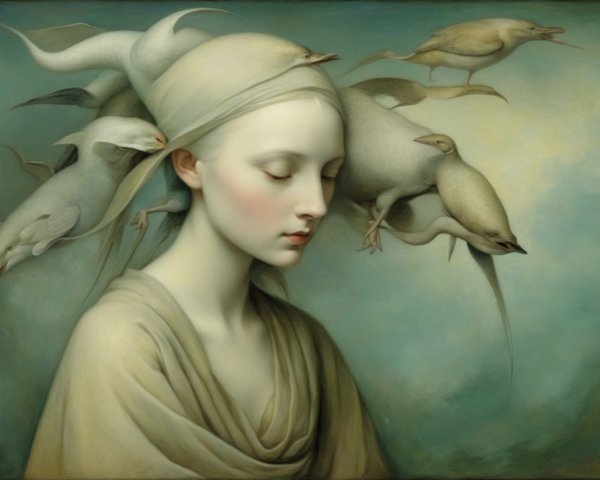 Serene Woman with Ethereal Birds and Soft Colors
